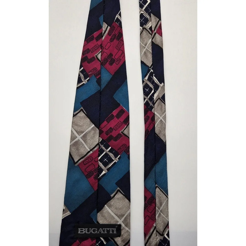 Bugatti Silk Neck Tie‎ Mens Vintage Abstract Geometric Blue Red Dress Tie